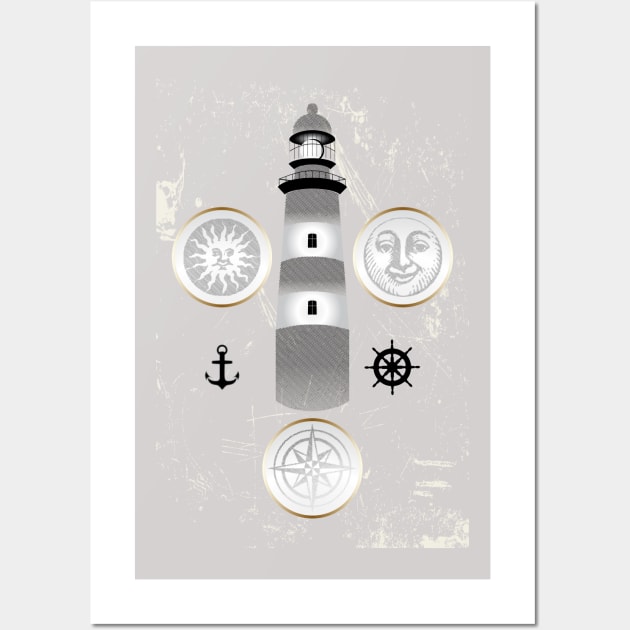 Nautical illustration of sun, moon and lighthouse in retro stamp design Wall Art by schtroumpf2510